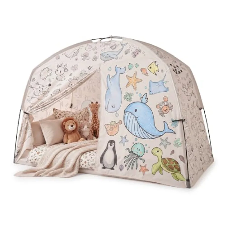 

Play Tent with Animal Graffiti DIY Coloring 2 in 1 Toddler Playhouse Floor or Twin Bed Size 3 Doors Acrylic Markers Included