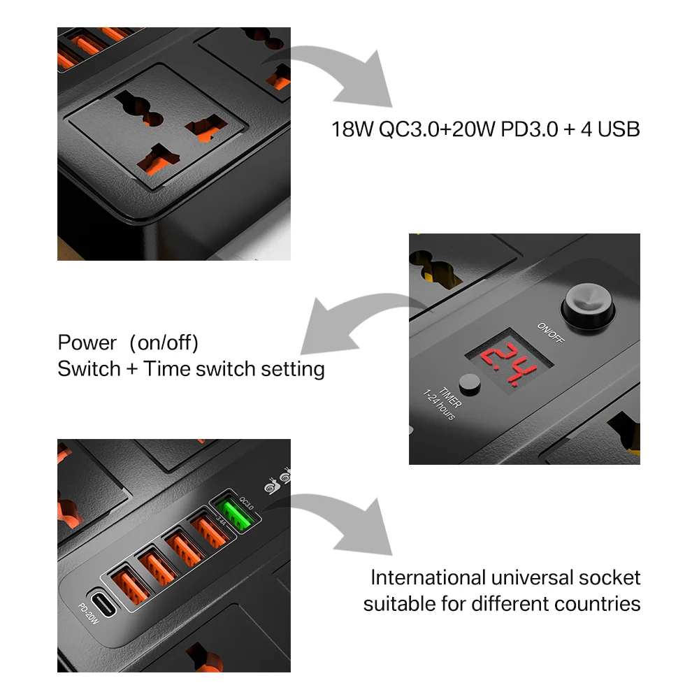 6 Port USB Charger With 6 AC Outlets 3000W Power Strip, PD 20W QC3.0 Quick Charge Type C Charging Station For iPhone 13 12 11 X