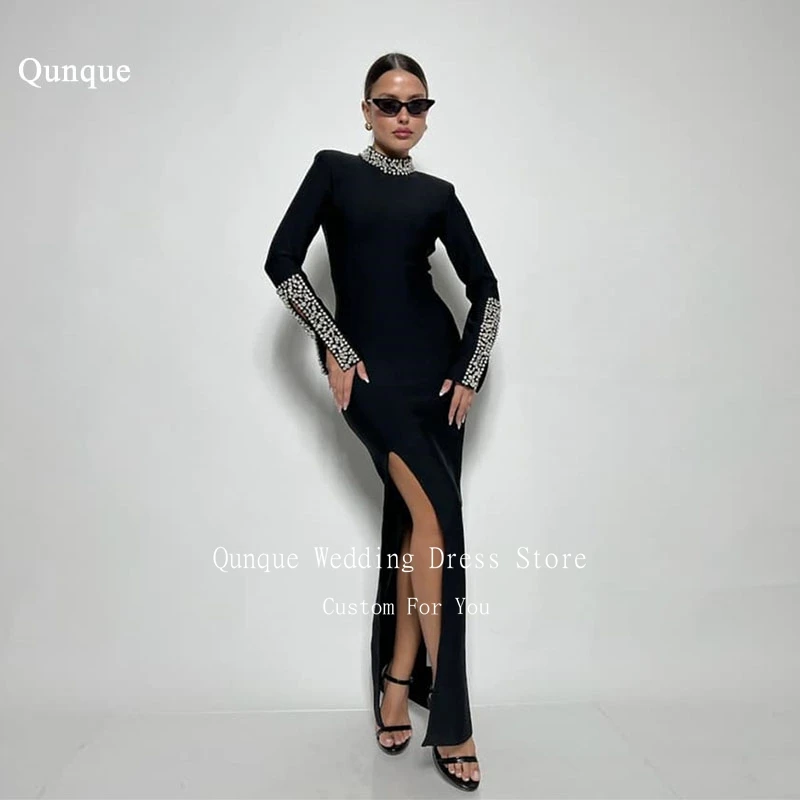 

Qunque Mermaid Evening Dress Classic Customized Satin Prom Gowns for Women High Neck Sleeves Leg Slit Crystals Vestido De Fiesta