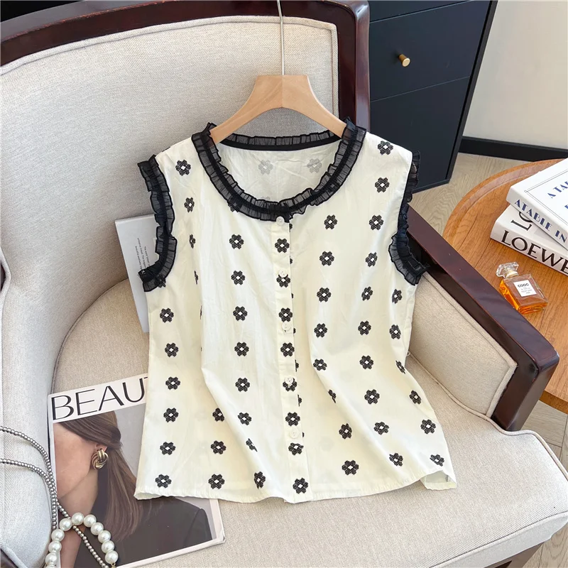 

2025 Summer Design Sweet O-Neck Ruffles Vest Women Sleeveless Single Breasted Lightweight Tops Cute Casual High Street Clothing