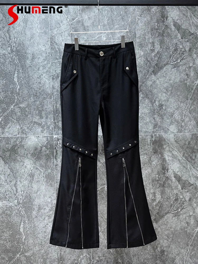 

Men's 2025 Autumn New Fashion High Street Flared Trousers Male Stylish Rivet Design Zipper Decoration Trend Straight Long Pants