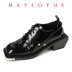 Women Shoes Spring New metal head decorate Leather Loafers Women Retro Bite Thick-soled Non-slip square head wedge men Shoes 44