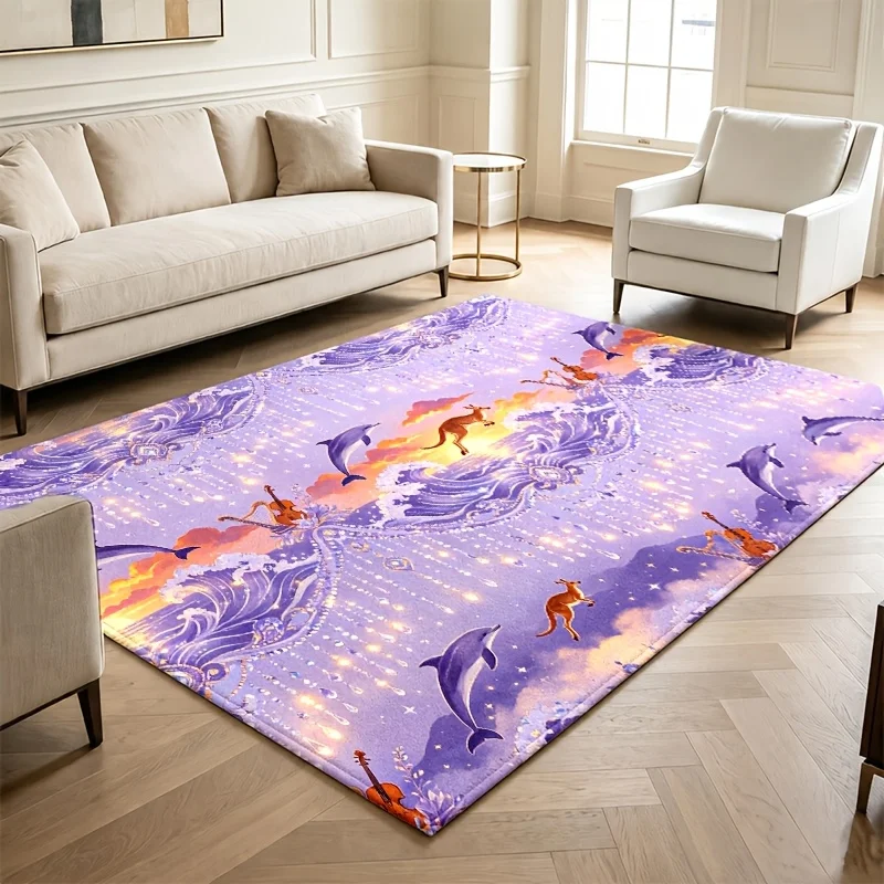 Purple Dolphin Kangaroo Dreamy Area Rug Fantasy Ocean Art Carpet Floor Rug for Living Room Bedroom Ornament Decoration Gift