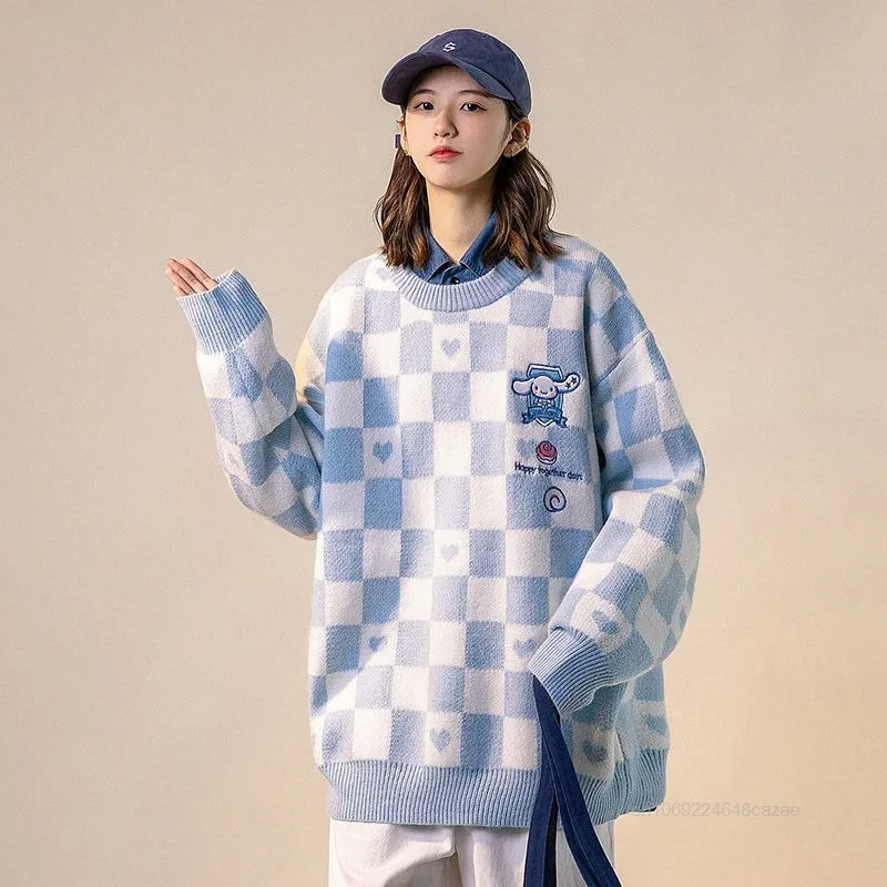 Sanrio Kuromi My Melody Cinnamoroll Pom Pom Purin Checkered Sweater Women's Autumn Winter New Design Trendy Loose Knit Pullover