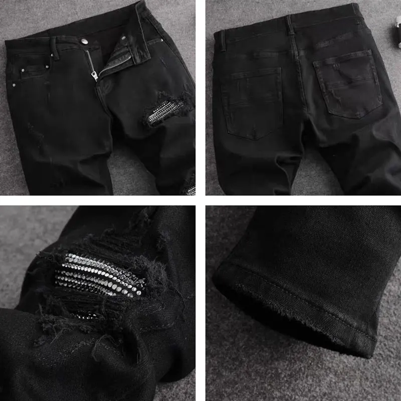 y2k high street new jeans with painted pleats, broken holes, bead patches, washed water, nostalgic elasticity, slim fit,