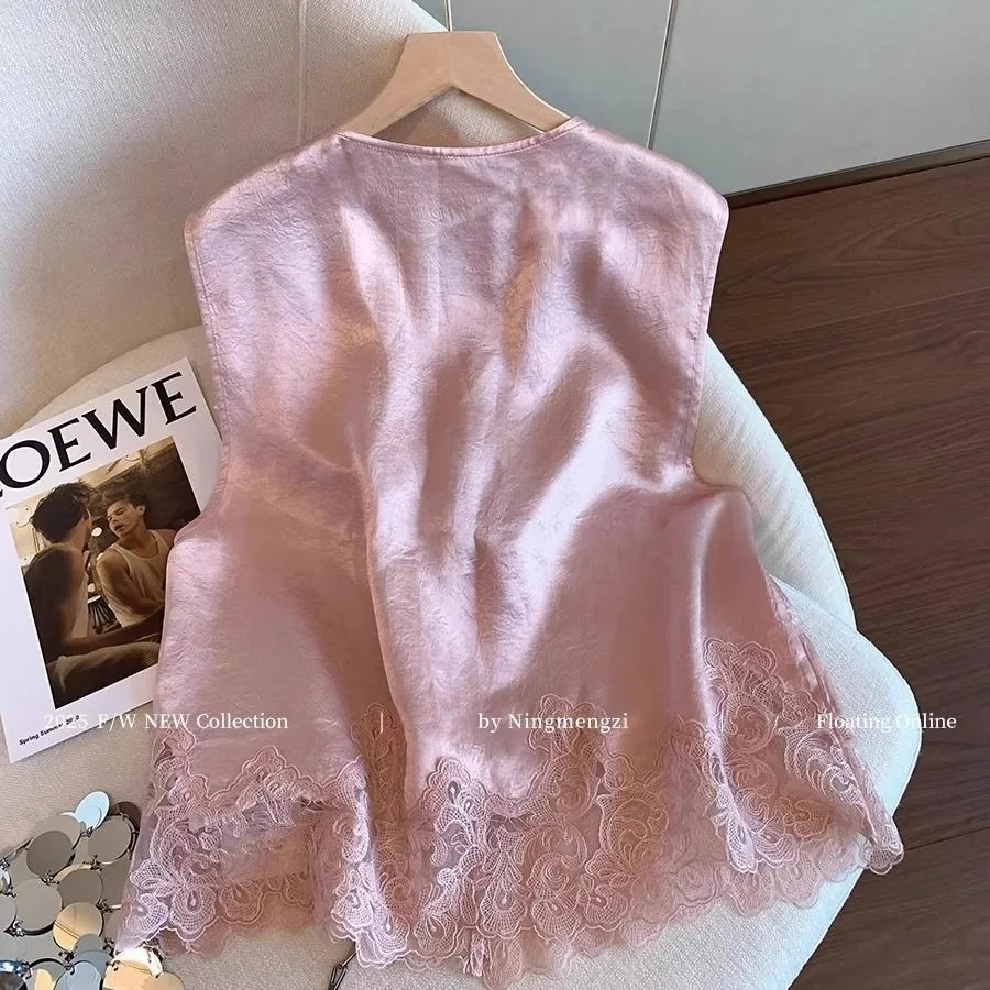 Satin Silk Jacquard Vest Women Lace Patchwork Croptops Retro Chinese Vintage Ethnic Style Sleeveless Tops Oversized