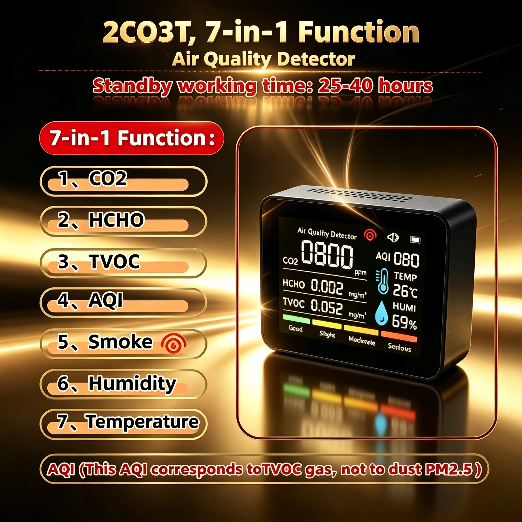 Seven-in-One Functional Air Quality Detector, Smoke Alarm, CO2、AIQ、Formaldehyde TVOC、Temperature and Humidity Detector