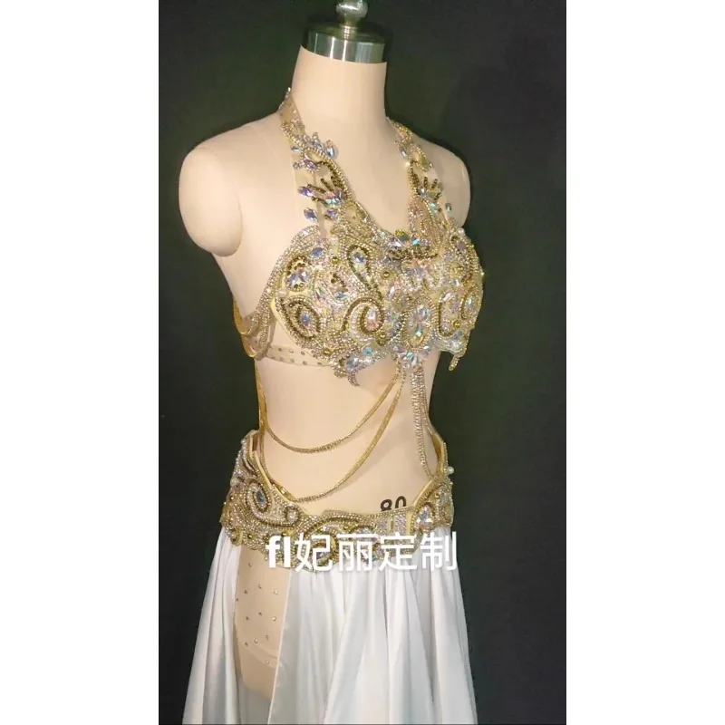 Trajes de danza del vientre personalizados, ropa de actuación de competición, falda larga con cinturón de sujetador dorado y diamantes de alta resistencia para mujer