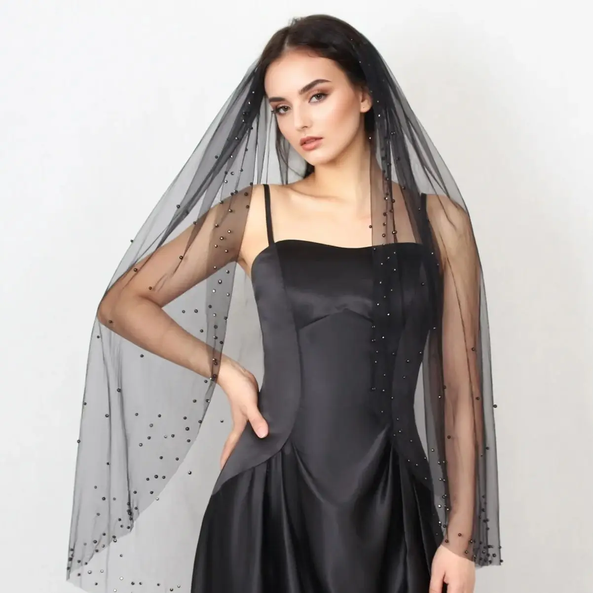 

Черная фата-нишевый стиль, нишевая свадебная черная фата с черной кристаллической инкрустацией, доступная модель нескольких размеров, мягкий тюль G40-B