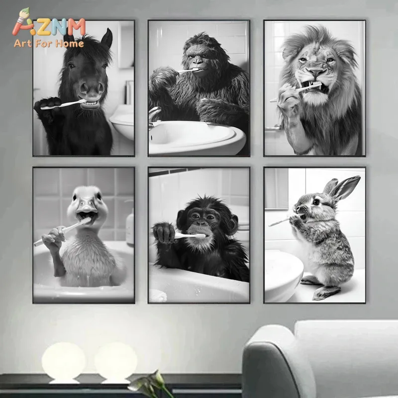 AZNM Black White Funny Animal Brushing Teeth Canvas Print Horse Gorilla Lion Duck Monkey Rabbit Bathroom Humor Unframed Canvas W
