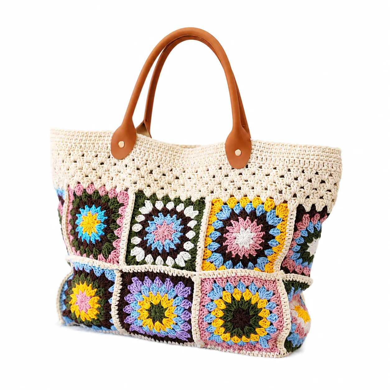 Boho Crochet Tote Bag for Women Handmade Granny Square Shoulder Bag Large Capacity Knitted Beach Bag Vintage Floral Handbag