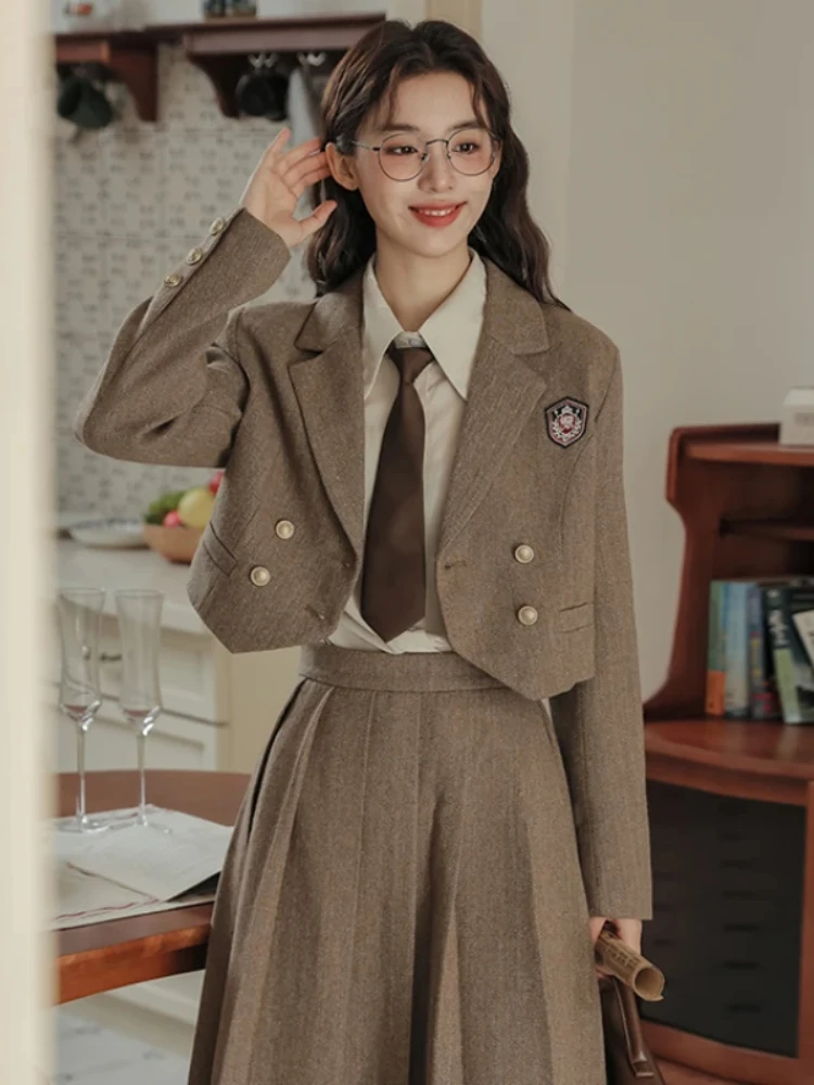 UNXX Autumn/Winter Academy Style Badge Embroidered Blazer Skirt Suits Vintage Solid Blazers Pleated Skirt Two Piece Set Women's