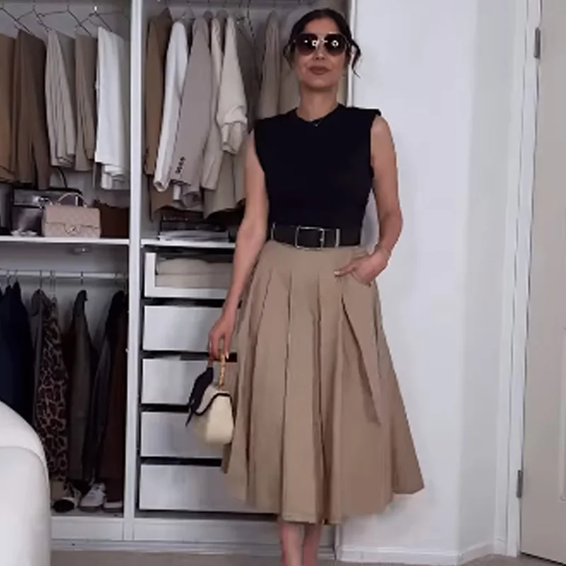 HXAO Womens Dresses 2025 Sleeveless Patchwork Long Dress Summer Pleated Elegant Party Dresses Belted Casual Midi Dresses 088