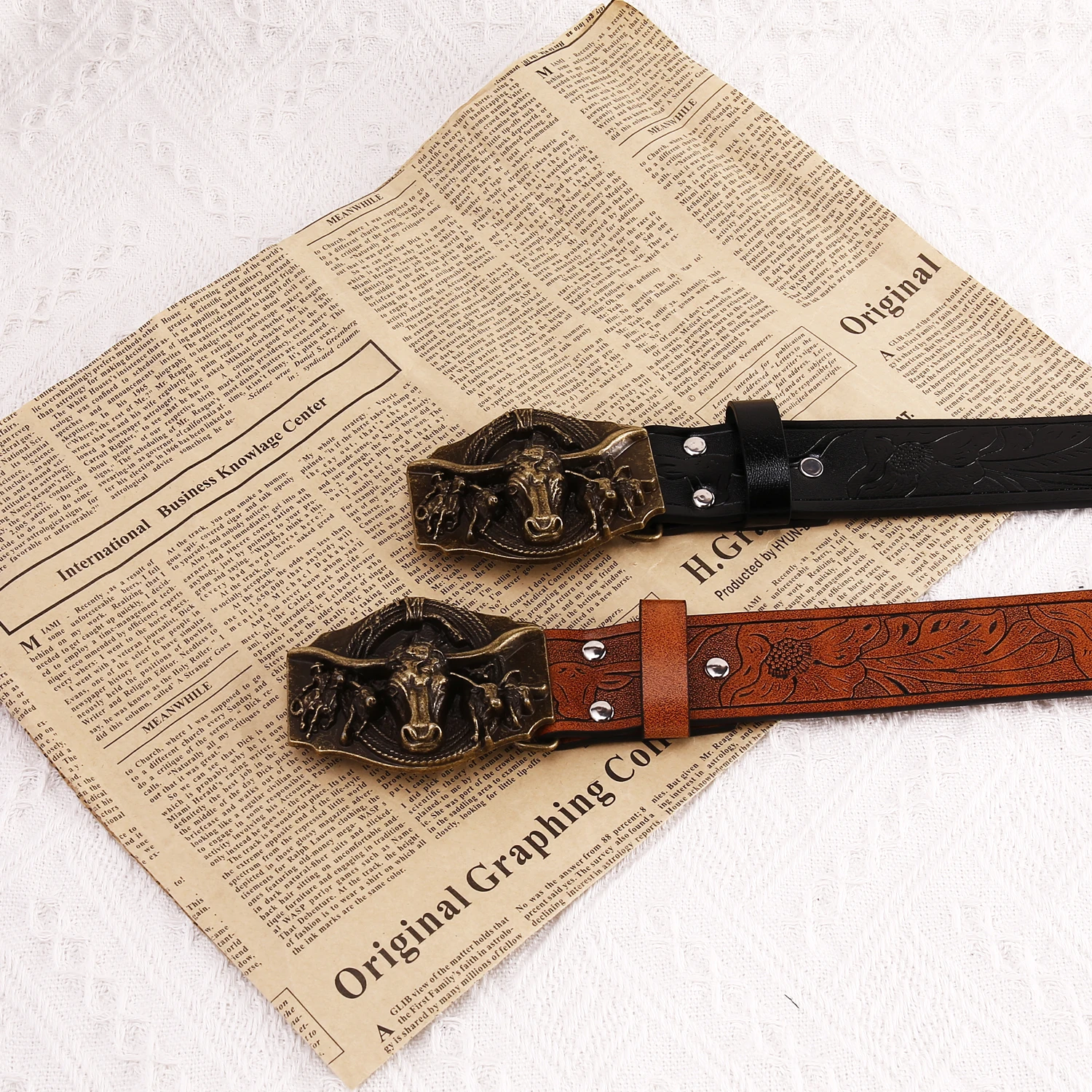 

Мужской кожаный ремень в стиле ретро Пряжка головы коровы рельефный ремень плед прочный Улучшенный полиуретан