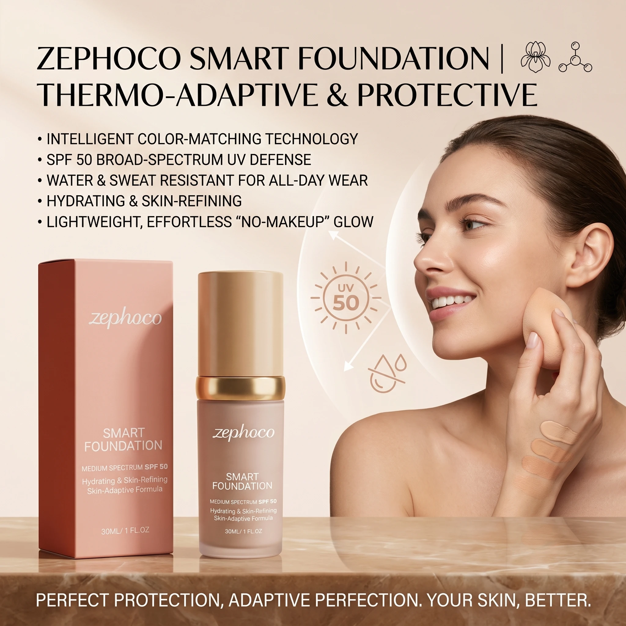 Zephoco Color Changing Foundation Sunscreen SPF 50 Anti-Aging Lasting Moisturizer Clearing Makeup Base Full Coverage Foundation