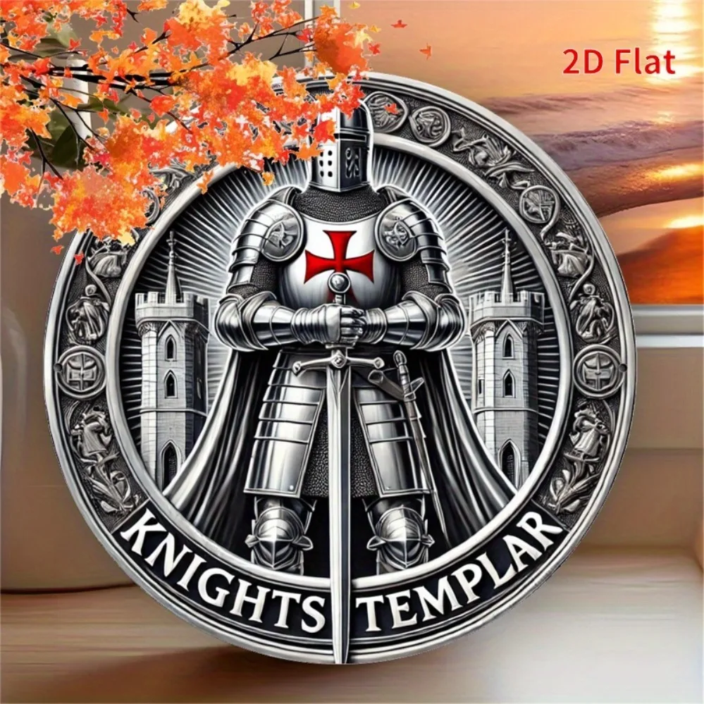 لوحة فنية جدارية لفرسان الهيكل الجلالة" - تمبلار مدرع مع صليب أحمر على الصدر ضد خلفية القلعة، غنية غامضة