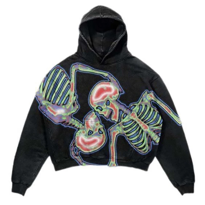 

Scary Skeleton Print Men Long Sleeve Hooded Sweatshirts Pocket Autumn Winter Grunge Street Fashion Oversized Clothing Halloween