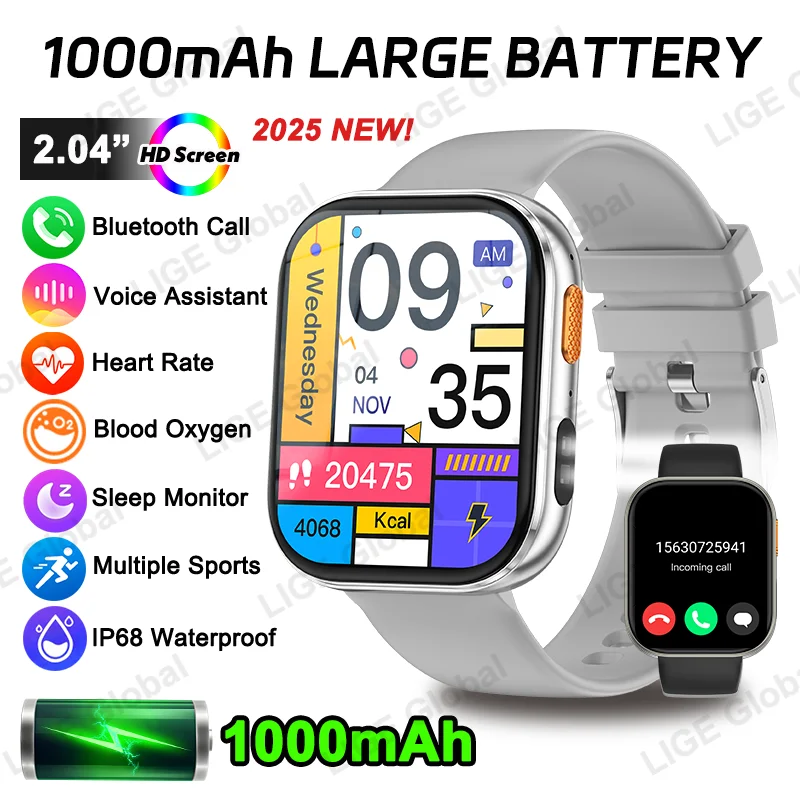 LIGE 2025 1000mAh Battery Men Women Smart Watch 2.04" HD Large Screen Flashlight Hear Rate Bluetooth Call Smartwatch 100+ Sports