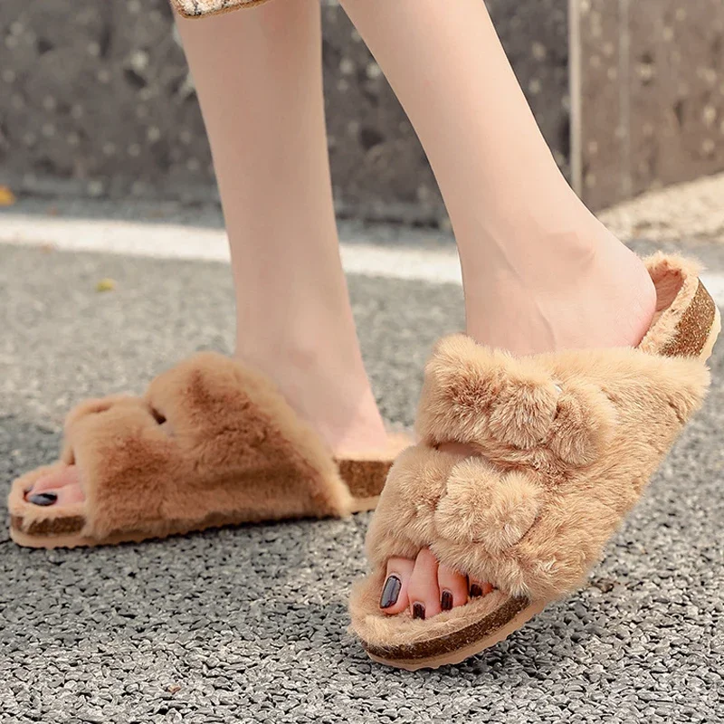 

Autumn Winter Fluffy Fur Home Slippers Women Fashion Fur Cork Slides Open Toe Sandals Cozy Casual Shoes