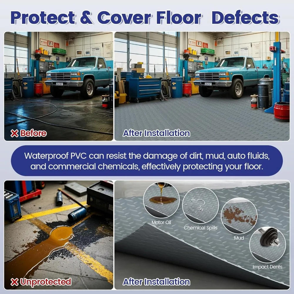 Heavy-Duty PVC Garage Floor Mats 7.5x17FT Diamond Plate Anti-Slip Waterproof Flooring Roll for Underneath Vehicles and Equipment