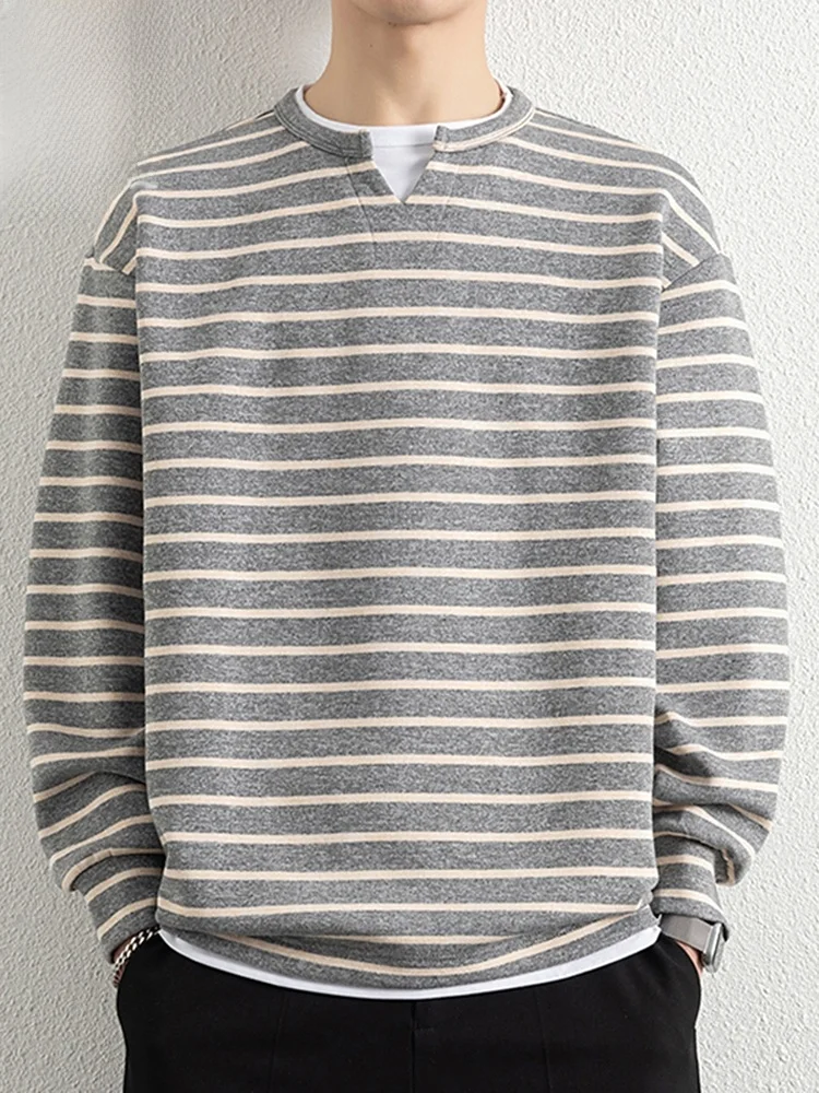 

Casual Striped Long Sve T-irt Men's Spring 2026 New Sle Loose Fit Anti-Wrinkle Polyester Cotton Blend