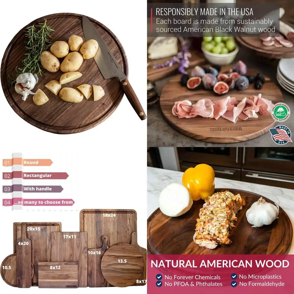 

Sustainable Hardwood Round Butcher Block Walnut Cutting Board, Handcrafted, 13.5 Inches, Made in USA