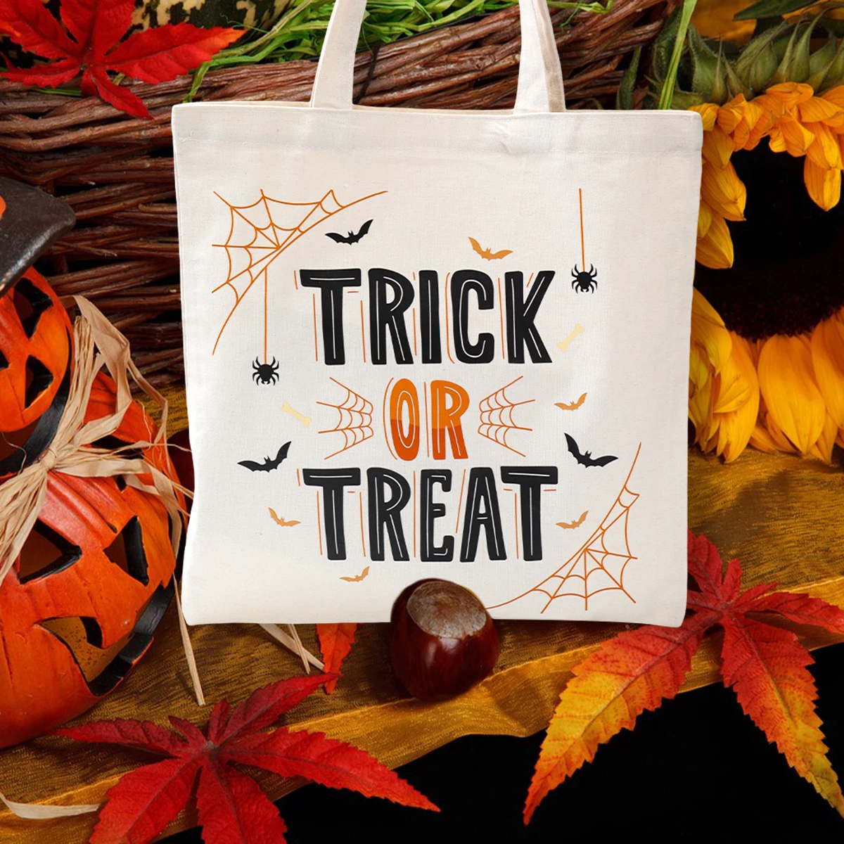 Halloween Trick Canvas Tote Bag Happy Halloween Party Decorations For Home 2024 Trick Or Treat Kids Favors Candy Cookie Handbag