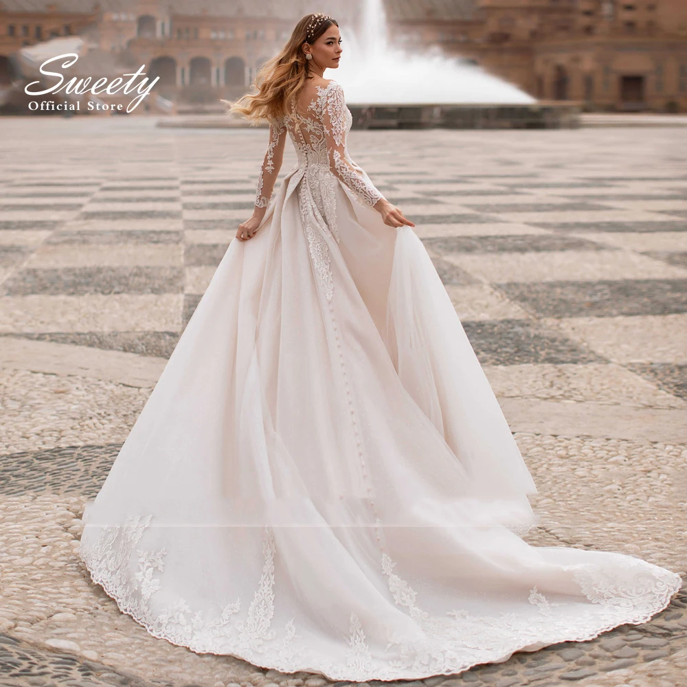 Grazioso abito da sposa 2025 organza con ricamo abito da ballo in pizzo o-collo manica lunga abito da sposa bottone posteriore Vestido De Novia