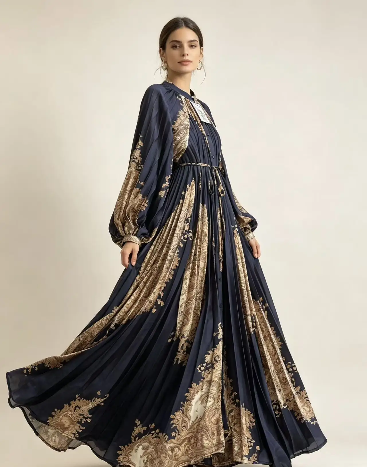 

Jarlrysberg Women's Elegant Print Pleated Puff Long Sleeve Slim Dress Vintage O-neck Dress Female Korean Fashion Autumn New 2026