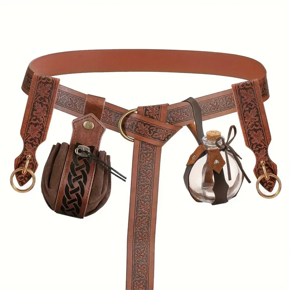 4 قطع من حزام الجلد التنكري في القرون الوسطى، حقيبة الخصر النحاسية، فستان عصر النهضة، حزام البخار، مجموعة حزام الهالوين التنكرية