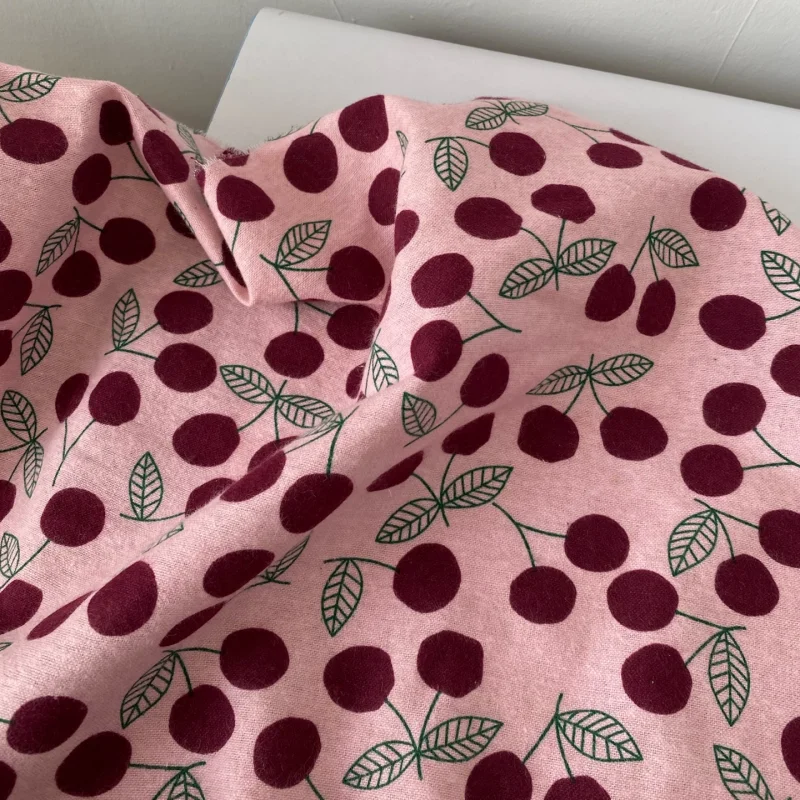 

Pink cherry printed cotton fabric for shirt dress handcrafted diy fabric
