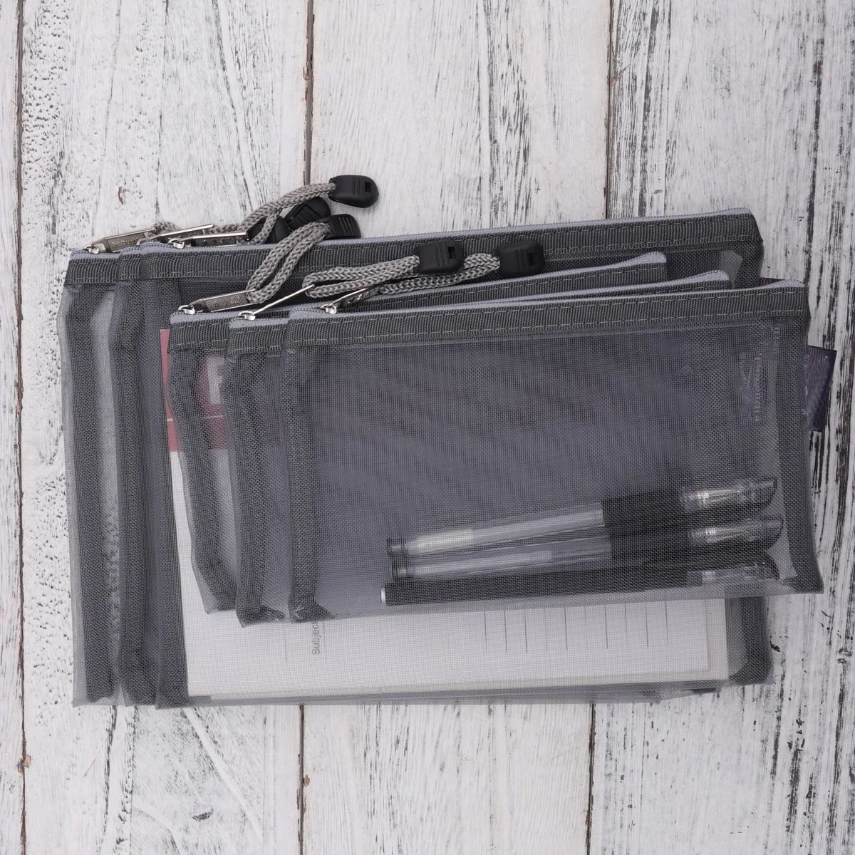 

6Pcs Grey Mesh Document Bag Portable Zippered Stationery Organizer for Office School Supplies File Folder Transparent Pencil