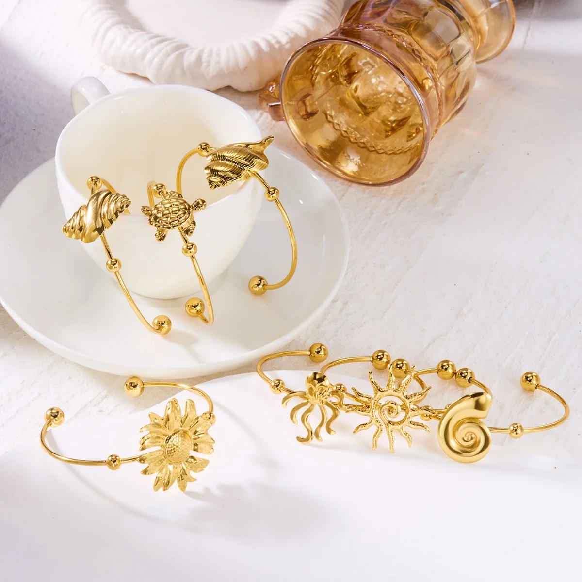 Einfache Edelstahl-Sonnenarmbänder für Damen und Herren, Gänseblümchen-, Muschel-, Spiral-, Oktopus-, Schildkröten-Armreif, Ozean-, Strand-, Urlaubsschmuck – Detail 7