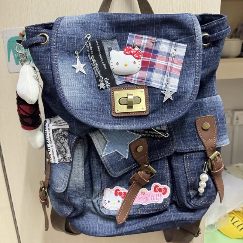 Sac à dos Hello Kitty Y2k Spicy Girl avec plusieurs poches, style collage en denim, sac à bandoulière carillon, version coréenne, vintage, nouveau