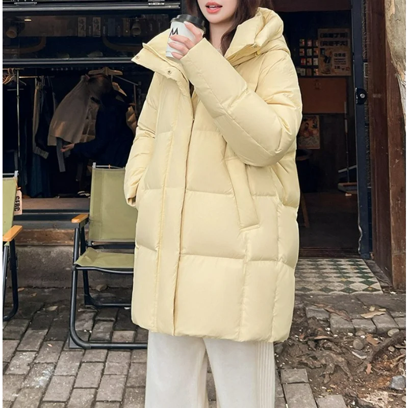 女性フード付き防寒ダックダウンコート冬のファッションプラスサイズミッドレングス厚く暖かく保つ黄色通勤ストレート服