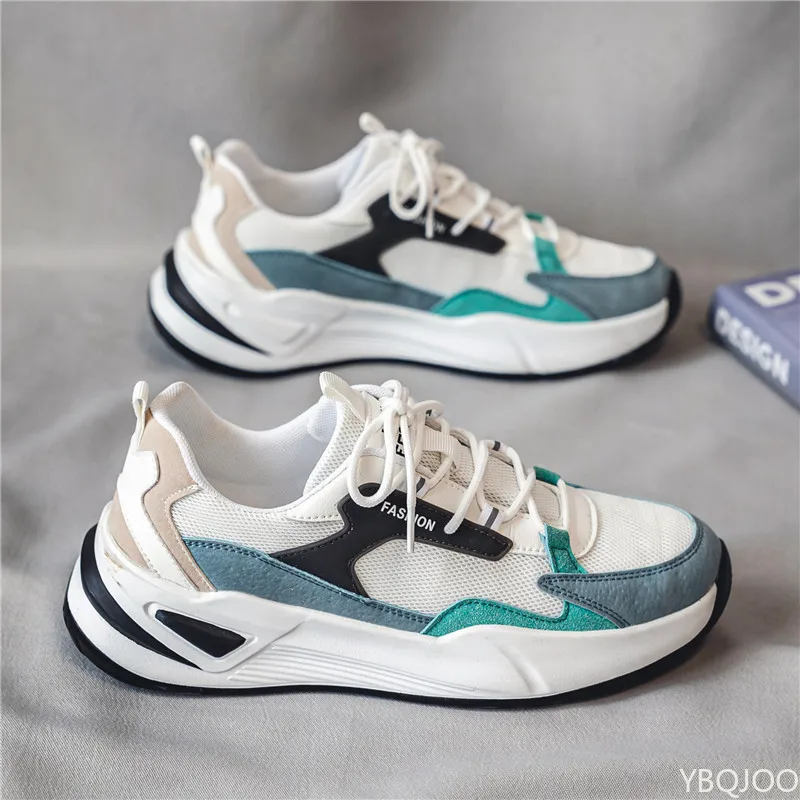 Sepatu pria serbaguna yang modis, sepatu kasual dengan blok warna, sepatu olahraga bersol tebal, sepatu kets pria yang ringan dan bernapas