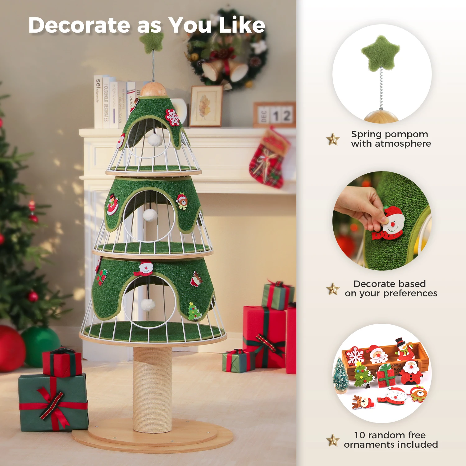 Torre per gatti moderna per albero di Natale con tiragraffi spesso, torre per gatti in legno, 3 condotti, tappetino sostituibile per mobili per gatti resistenti