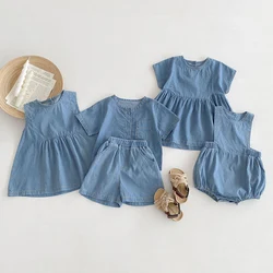 2024 New Summer Kids Clothing Set Infant Baby Romper Kids Princess Dresses Sleeveless Solid Color Denim Sister Clothing
