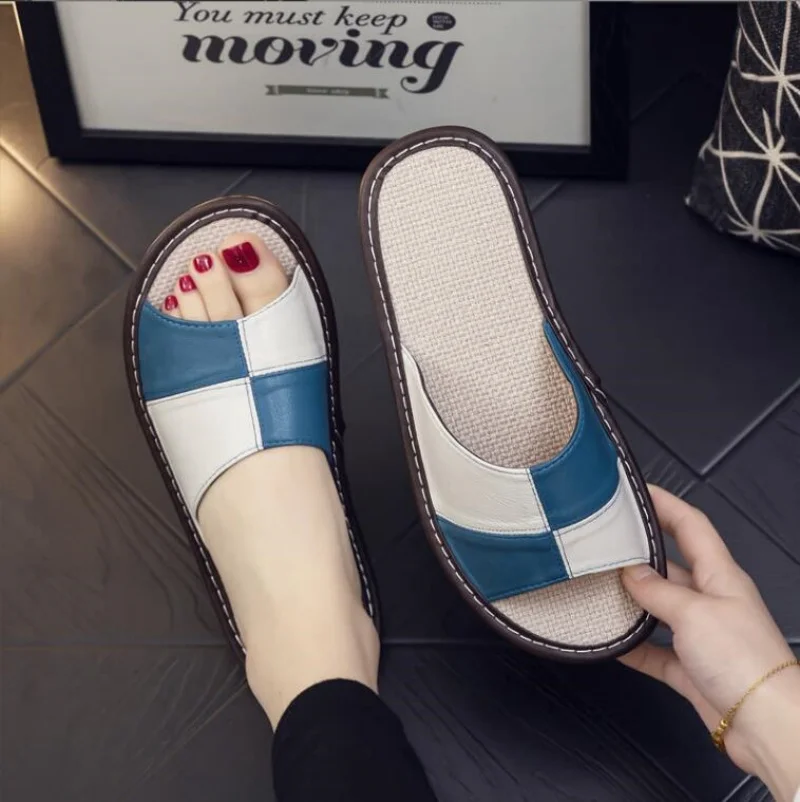 Light Luxury Genuine Leather Sheepskin Women\'s Slippers PVC Rubber Sole Non-Slip Summer Shoes Comfortable Soft Couple Sandals