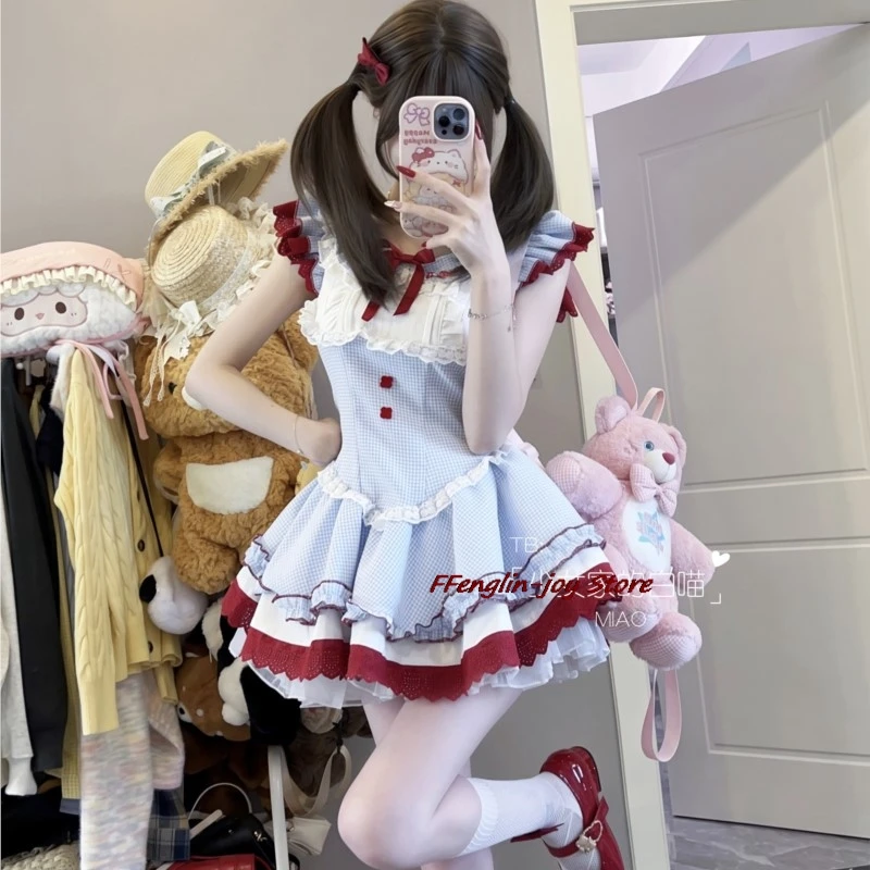 

FFenglin-joy Store Summer New Sweet Slim Dress Women Design Kawaii Patchwork Bow Plaid Dresses Female Fashion Lovely Lac