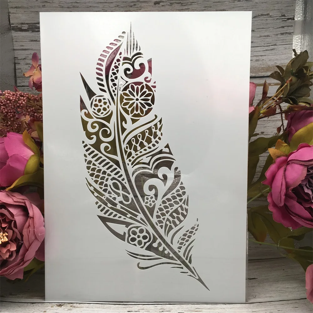 4Pcs A4 29cm Mandala Feather Leaves DIY Layering Stencils Wall Painting Scrapbook Coloring Embossing Album Decorative Template