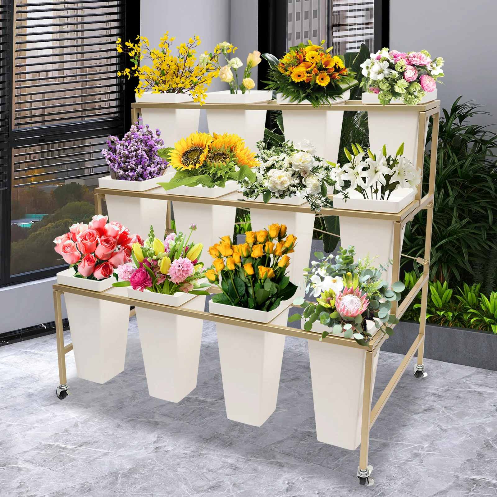 Flower Display Stand - 12 x Buckets White Square Bucket / 3 Layers Gold Metal Plant Stand with Wheels