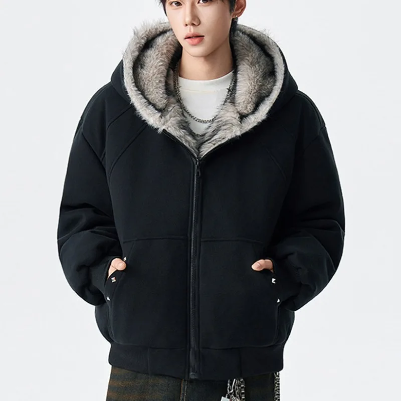 KIDWHXR Winter Men Thicken Fleece Jacket Korean Solid Hooded Parkas Coat Man Loose Long Sleeve Windproof Male Casual Outerwear