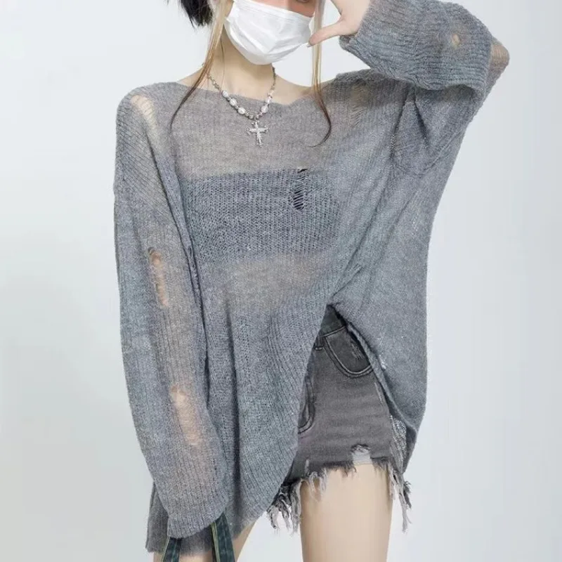 Pullovers Women Slash Neck Ripped Knitted Sweater Long-sleeved Loose Fit See-through All-match Trendy Ulzzang Sun-proof Summer