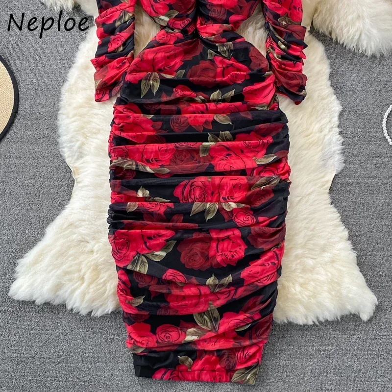 Neploe Gentle Rose Printed Female Robe Three-quarter Sleeve Slim Waist Split Dress Women Square Collar Mesh Pleated Vestidos