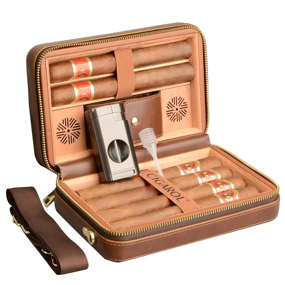 

CIGAROL Travel Cigar Humidor Case with Shoulder Strap, Leather & Wood Box for 6 Cigars, with Cigar Lighter, Cutter and Humidi