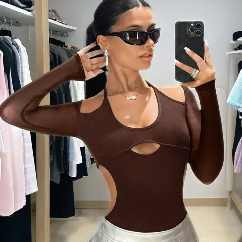 Baju Bodysuit Wanita Musim Panas, Gaya Eropa Amerika, Seksi, Model Hollow, Leher Terbuka, Tali di Belakang, Tanpa Punggung, Desain Pure Desire