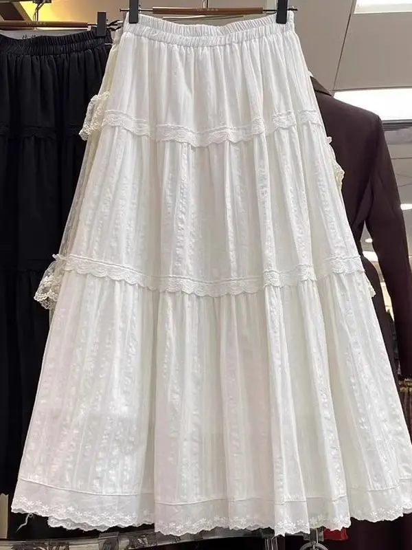 

plus Size 300 Pou Women's White A-Line Skirt Summer Sweet Loose Lace Trim Mid-Length Cake Skirt High Waist Korean Sle
