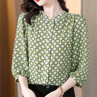 Ladies' spring and summer chiffon shirt, ladies' casual half-puff sleeve stand collar floral print top, three-quarter sleeve hig