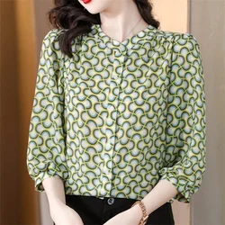 Women Spring Summer Style Chiffon Blouses Shirts Lady Casual Half Puff Sleeve Stand Collar Printed Blusas Tops DF4982